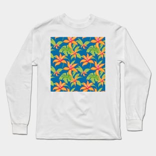 Tropical Bliss: Hawaiian Orange Leaves on Celestial Blue Long Sleeve T-Shirt